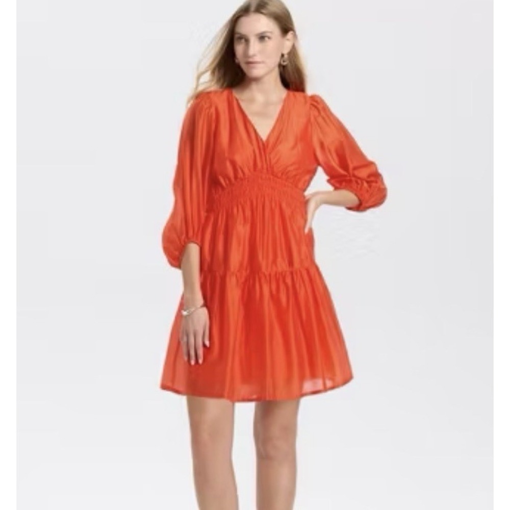 A New Day NWT Balloon‎ Long Sleeve Shirring Mini A-line Dress Orange-Red XS